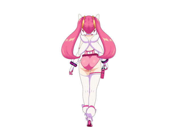 1girl animated animated_gif ass ass_shake boots elbow_gloves gloves gun hair_ornament holster holstered_weapon leotard long_hair magical_angel_fairy_heart official_art pink_hair solo strapless strapless_leotard thigh-highs twintails umai_neko walking weapon white_gloves white_legwear