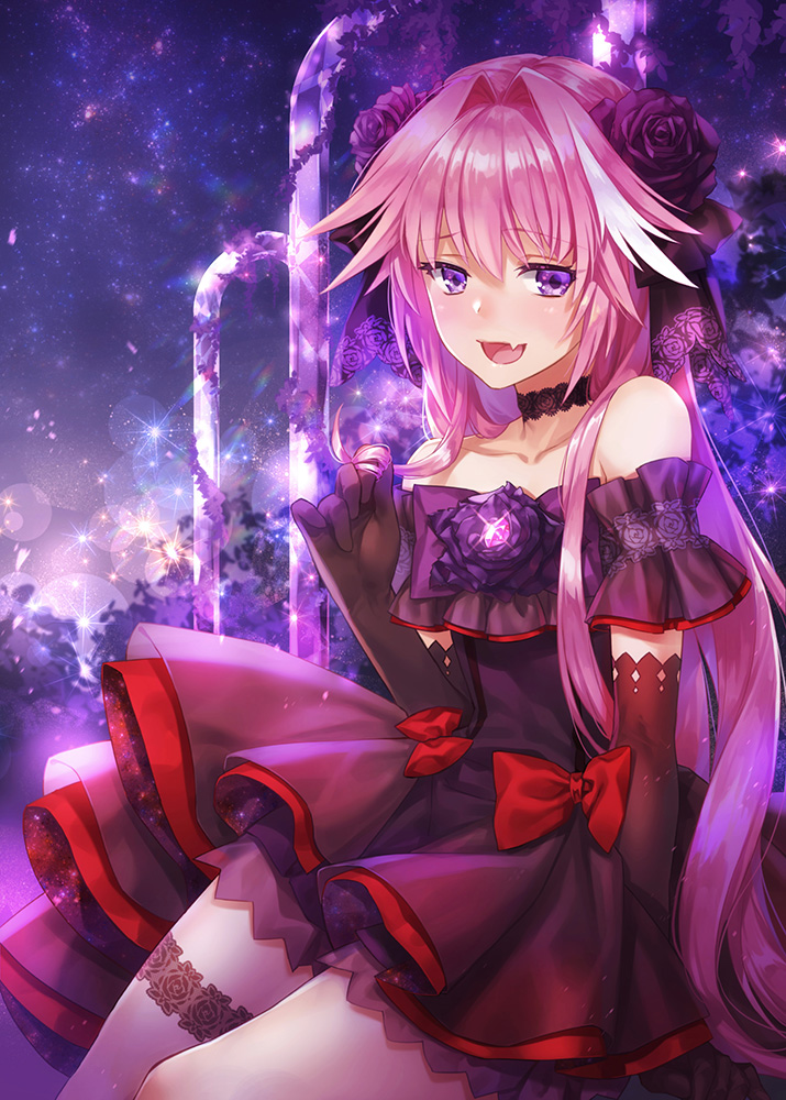 1boy :d alternate_costume bare_shoulders black_dress black_gloves black_neckwear black_rose choker demmy dress elbow_gloves fang fate/apocrypha fate_(series) flower gloves hair_down hair_flower hair_ornament long_hair looking_to_the_side open_mouth pantyhose pink_hair rider_of_black rose sitting smile solo trap violet_eyes white_legwear