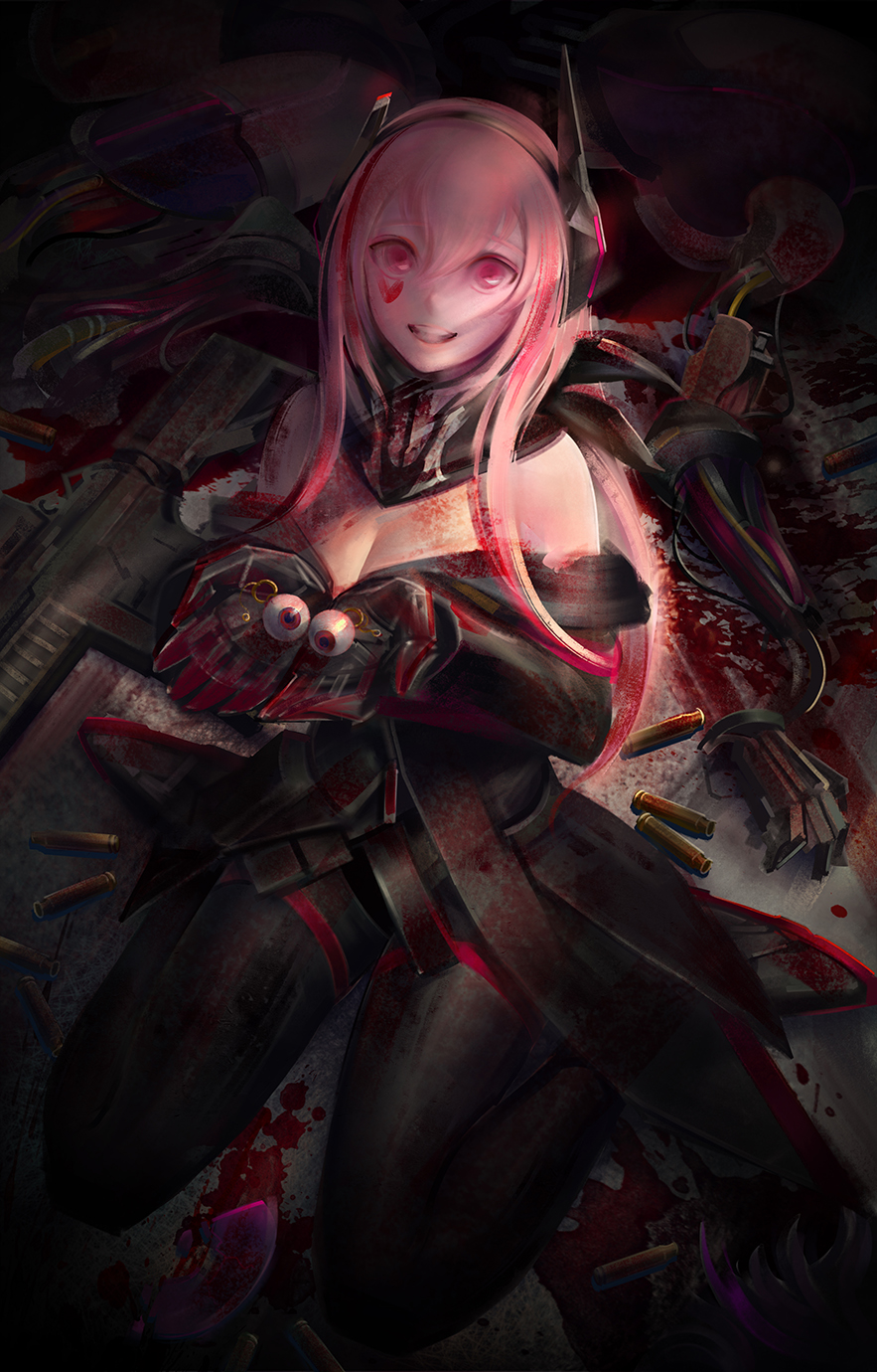 1girl :d bare_shoulders black_footwear black_gloves black_legwear blood bloody_clothes bloody_hair boots bullet cable choseon corpse cupping_hands eyeball eyebrows_visible_through_hair from_above full_body girls_frontline gloves hair_between_eyes hairband heart_tattoo highres long_hair looking_at_viewer m4_sopmod_ii_(girls_frontline) mechanical_hands multicolored_hair open_mouth pink_eyes pink_hair red_eyes redhead revision shell_casing sitting smile streaked_hair tattoo wariza