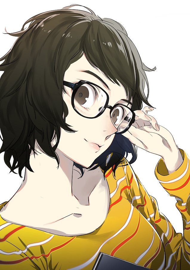 1girl bespectacled brown_eyes brown_hair collarbone female glasses kawakami_sadayo looking_at_viewer persona persona_5 shirt short_hair simple_background smile striped striped_shirt white_background