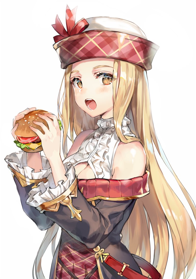 1girl bare_shoulders blonde_hair brown_eyes cleavage_cutout diola_(granblue_fantasy) food frills granblue_fantasy hamburger hat long_hair looking_at_viewer momoko_(momopoco) open_mouth simple_background solo white_background