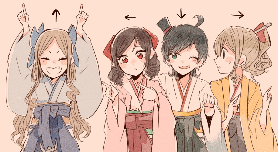 4girls asakaze_(kantai_collection) black_hair blue_eyes blue_hakama bow brown_hair closed_eyes cowboy_shot directional_arrow drill_hair green_eyes green_hakama grin hair_bow hair_ornament hair_ribbon hakama harukaze_(kantai_collection) hat hatakaze_(kantai_collection) itomugi-kun japanese_clothes kantai_collection kimono light_brown_hair long_hair matsukaze_(kantai_collection) meiji_schoolgirl_uniform mini_hat multiple_girls one_eye_closed open_mouth pink_background pink_hakama pink_kimono pointing ponytail red_bow red_eyes red_hakama red_ribbon ribbon short_hair simple_background smile top_hat twin_drills wavy_hair yellow_kimono