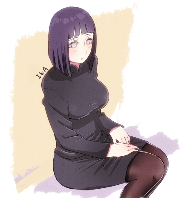 1girl alternate_costume artist_name black_legwear black_skirt blush breasts hyuuga_hinata ika_nrhn large_breasts long_sleeves miniskirt naruto pantyhose pencil_skirt purple_hair short_hair sitting skirt solo white_eyes