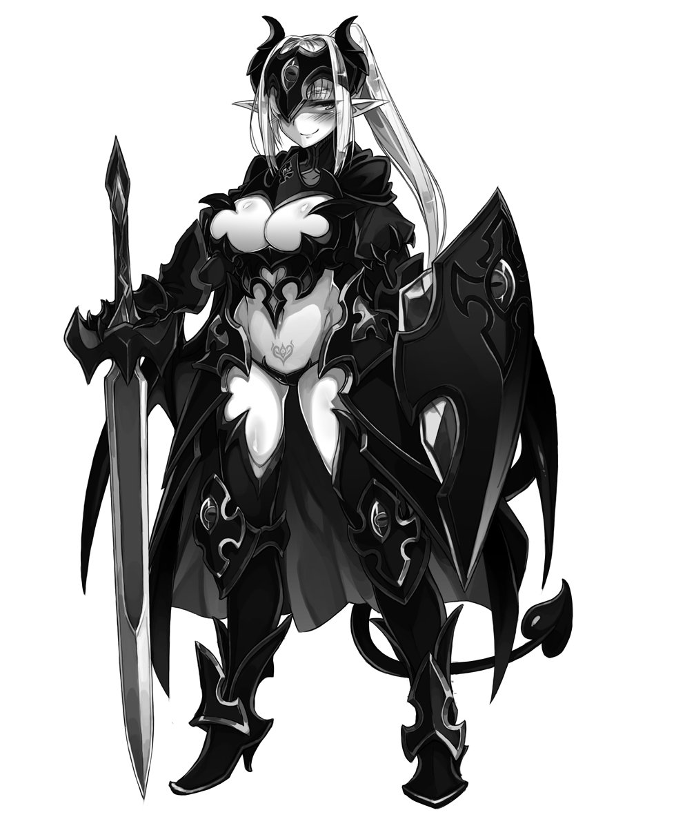 1girl armor blush boobplate boots breasts cape closed_mouth dark_knight_(monster_girl_encyclopedia) demon_girl demon_horns demon_tail eyebrows_visible_through_hair full_body gorget greaves greyscale hair_intakes hand_on_hilt headpiece high_heel_boots high_heels highres holding holding_sword holding_weapon horns kenkou_cross large_breasts legs_apart long_hair long_sword looking_at_viewer monochrome monster_girl_encyclopedia official_art one_eye_covered pointy_ears ponytail pubic_tattoo revealing_clothes shield simple_background smile solo spaulders standing sword tail tattoo weapon white_background