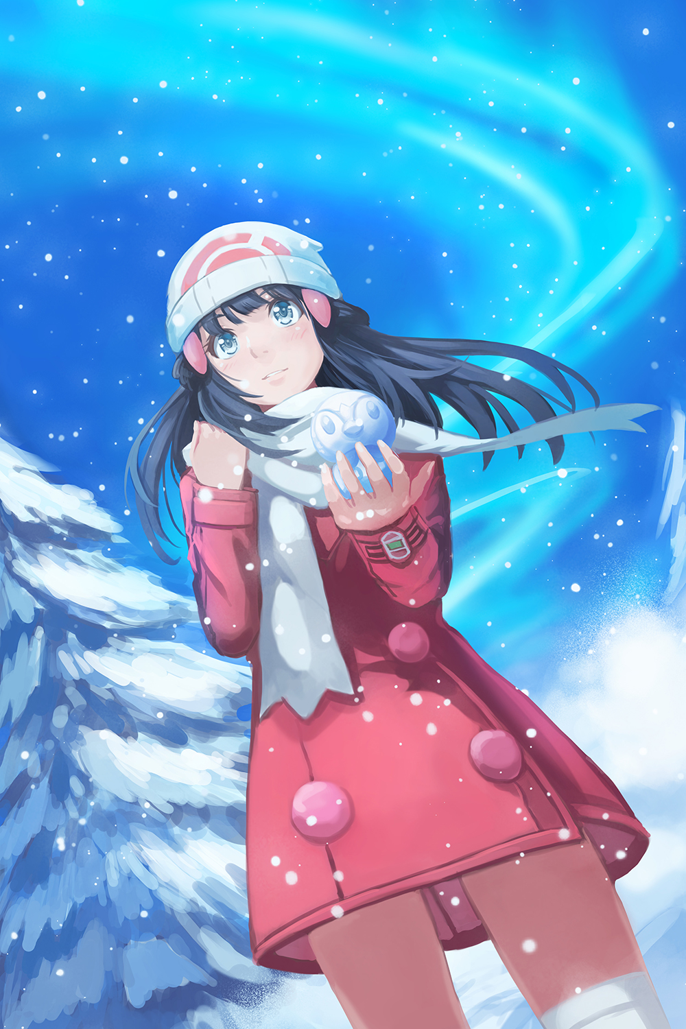 1girl aurora bangs beanie blue_eyes blue_hair blunt_bangs blush coat cowboy_shot double-breasted dutch_angle fir_tree floating_hair hair_ornament hairclip hand_up hat highres hikari_(pokemon) holding long_hair long_sleeves outdoors parted_lips pink_coat pink_skirt piplup pokemon pokemon_(game) pokemon_dppt poketch redpoke scarf single_thighhigh skirt smile snow_sculpture snowing solo standing tareme thigh-highs tree watch watch white_hat white_legwear white_scarf wind winter winter_clothes winter_coat