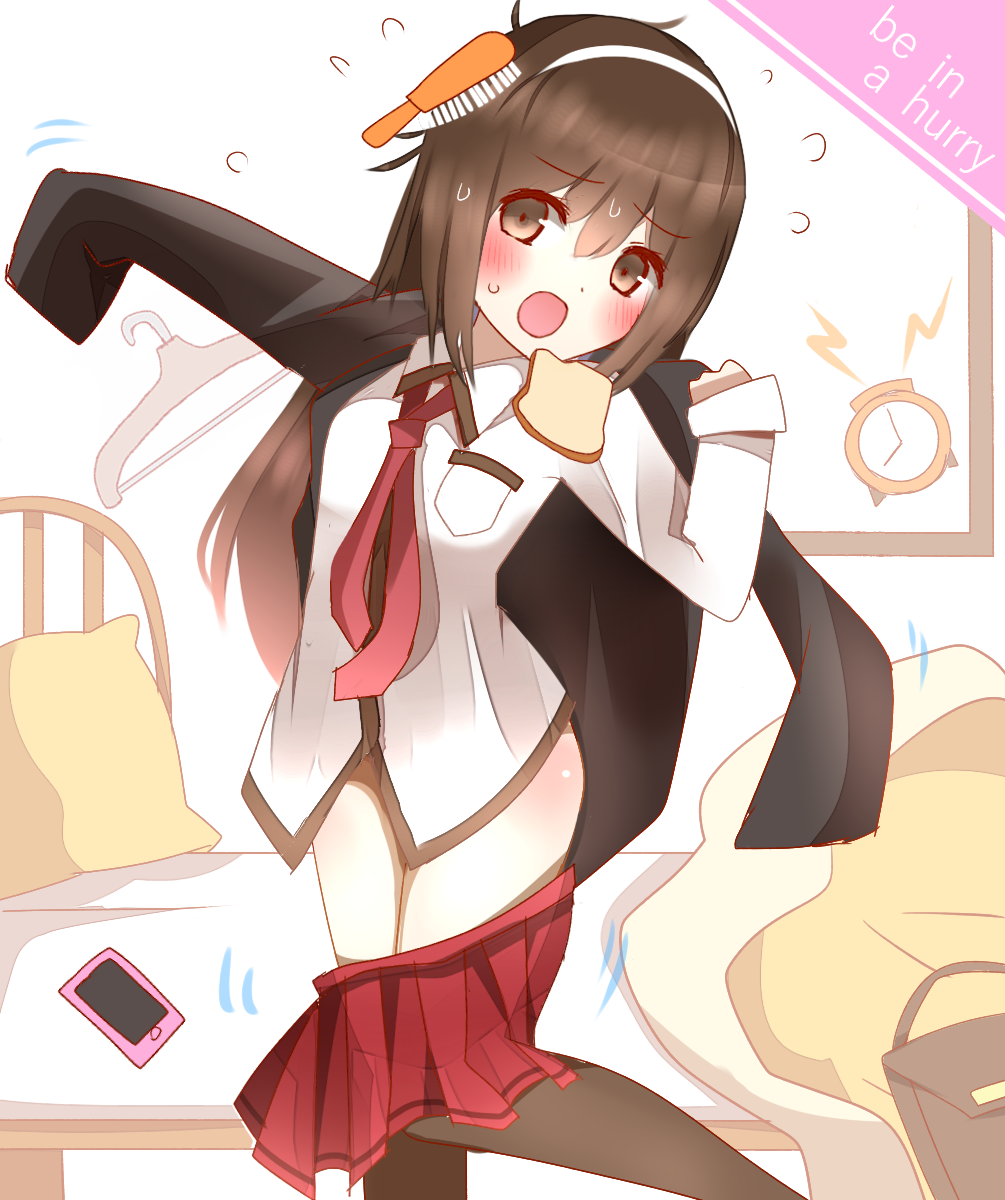 1girl alarm_clock bag bangs bed black_blazer black_legwear blazer blush bread brown_eyes brown_hair cellphone clock clothes_hanger collared_shirt commentary_request english eyebrows_visible_through_hair flying_sweatdrops food hair_between_eyes hair_brush hairband highres jacket lightning_bolt long_hair long_sleeves looking_at_viewer necktie non_(wednesday-classic) open_mouth original phone pillow pleated_skirt red_neckwear red_skirt school_bag school_uniform shirt skirt skirt_pull slice_of_bread smartphone solo standing standing_on_one_leg sweat thigh-highs toast very_long_hair white_background white_hairband white_shirt