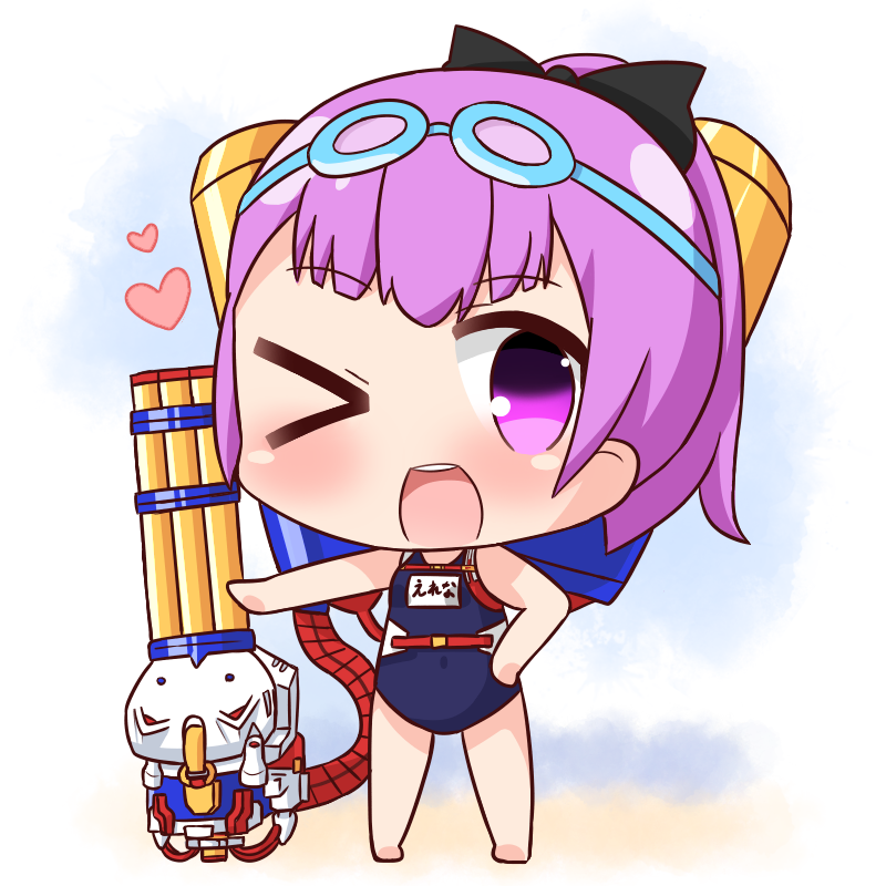 &gt;_o 1girl ;d bare_arms bare_legs bare_shoulders barefoot black_bow blue_swimsuit blush bow chibi commentary_request fate/grand_order fate_(series) full_body gatling_gun goggles goggles_on_head hair_bow hana_kazari hand_on_hip heart helena_blavatsky_(fate/grand_order) high_ponytail looking_at_viewer one-piece_swimsuit one_eye_closed open_mouth outstretched_arm ponytail purple_hair smile solo standing swimsuit upper_teeth violet_eyes