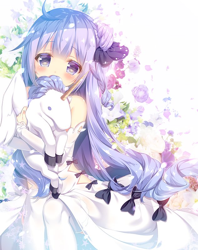 1girl ahoge azur_lane bangs black_bow blush bow covering_mouth detached_sleeves dress floral_background holding holding_stuffed_animal long_hair looking_at_viewer mitsumomo_mamu object_hug one_side_up purple_hair side_cutout sitting solo stuffed_animal stuffed_toy stuffed_unicorn thigh-highs unicorn_(azur_lane) very_long_hair violet_eyes white_dress white_legwear white_sleeves