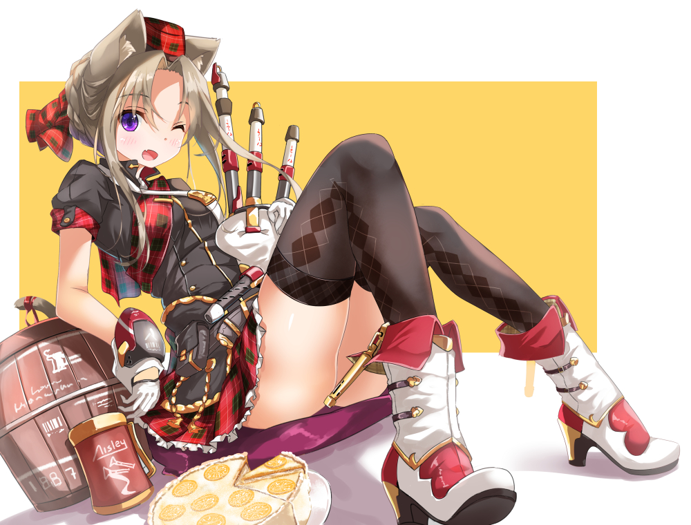 1girl animal_ears argyle argyle_legwear bagpipes boots brown_hair cat_ears fang fatkewell gloves instrument looking_at_viewer one_eye_closed open_mouth original short_hair_with_long_locks simple_background sitting skirt solo thigh-highs violet_eyes