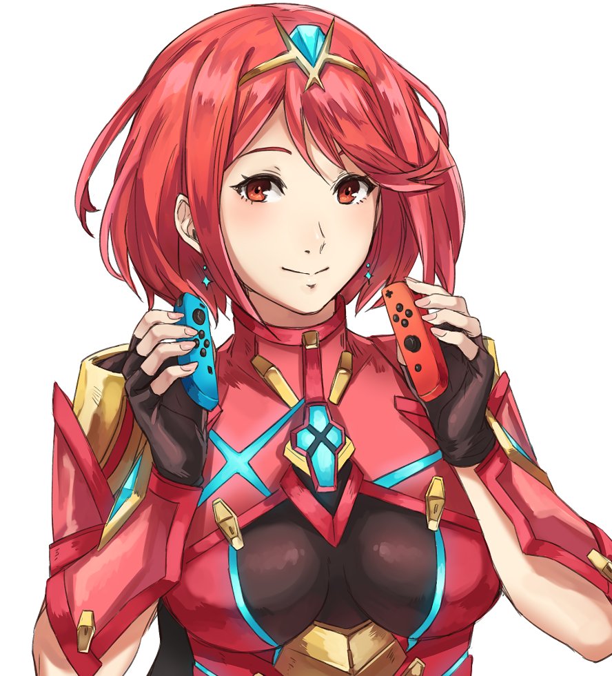 1girl breasts earrings fingerless_gloves gloves hair_ornament pyra_(xenoblade) jewelry joy-con kamu_(kamuuei) large_breasts looking_at_viewer nintendo nintendo_switch red_eyes redhead short_hair simple_background smile solo tiara white_background xenoblade xenoblade_2