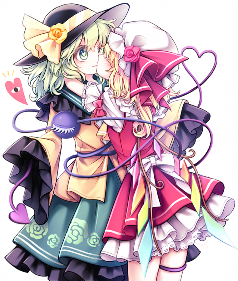 2girls :3 black_hat blonde_hair bow closed_eyes eyelashes flandre_scarlet floral_print flower frilled_skirt frills green_eyes green_hair green_skirt hat hat_bow hat_flower hat_ribbon heart heart-shaped_pupils heart_of_string hug kiss komeiji_koishi miy_001 mob_cap multiple_girls petticoat pink_skirt red_ribbon red_rose ribbon rose shirt simple_background skirt skirt_set sleeves_past_wrists symbol-shaped_pupils third_eye touhou white_background white_hat wings yellow_bow yellow_rose yellow_shirt yuri