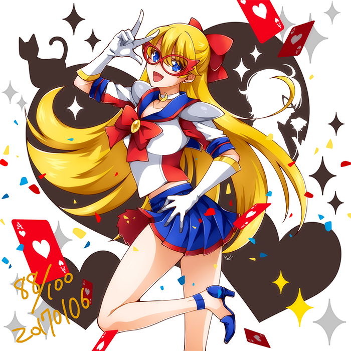 1girl :d aino_minako bishoujo_senshi_sailor_moon blonde_hair blue_eyes blue_footwear blue_sailor_collar blue_skirt bow card choker cowboy_shot dated gloves hair_bow half_updo hand_on_hip heart high_heels long_hair looking_at_viewer magical_girl mask open_mouth playing_card pleated_skirt red_bow sailor_v shoulder_pads skirt smile solo standing standing_on_one_leg v white_background white_gloves white_neckwear yoji.