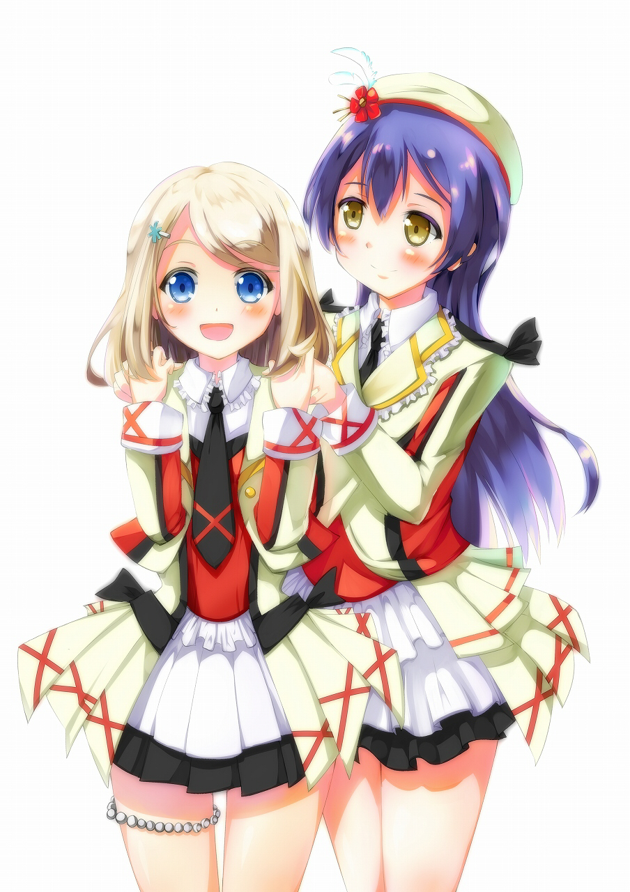 2girls ayase_arisa ayase_eli ayase_eli_(cosplay) black_neckwear blonde_hair blue_eyes blue_hair blush closed_mouth commentary_request cosplay cowboy_shot frilled_shirt_collar frills hair_ornament hairclip hands_on_another's_shoulders highres idol kousaka_honoka long_hair looking_at_viewer love_live! love_live!_school_idol_project multiple_girls open_mouth short_hair simple_background skirt smile sonoda_umi sore_wa_bokutachi_no_kiseki white_background yellow_eyes