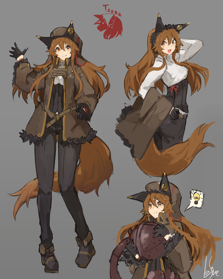 1girl :d animal_ears belt black_gloves black_pants boots brown_hair brown_jacket closed_mouth contrapposto cropped_legs fur_trim gloves grey_background hair_between_eyes hand_on_hip hand_up jacket jacket_removed lansane light_bulb logo long_hair long_sleeves multiple_views open_clothes open_jacket open_mouth orange_eyes original pants pigeon-toed shirt signature simple_background smile speech_bubble spoken_light_bulb standing tail tsana_(lansane) v-shaped_eyebrows waving white_shirt wolf_ears wolf_tail