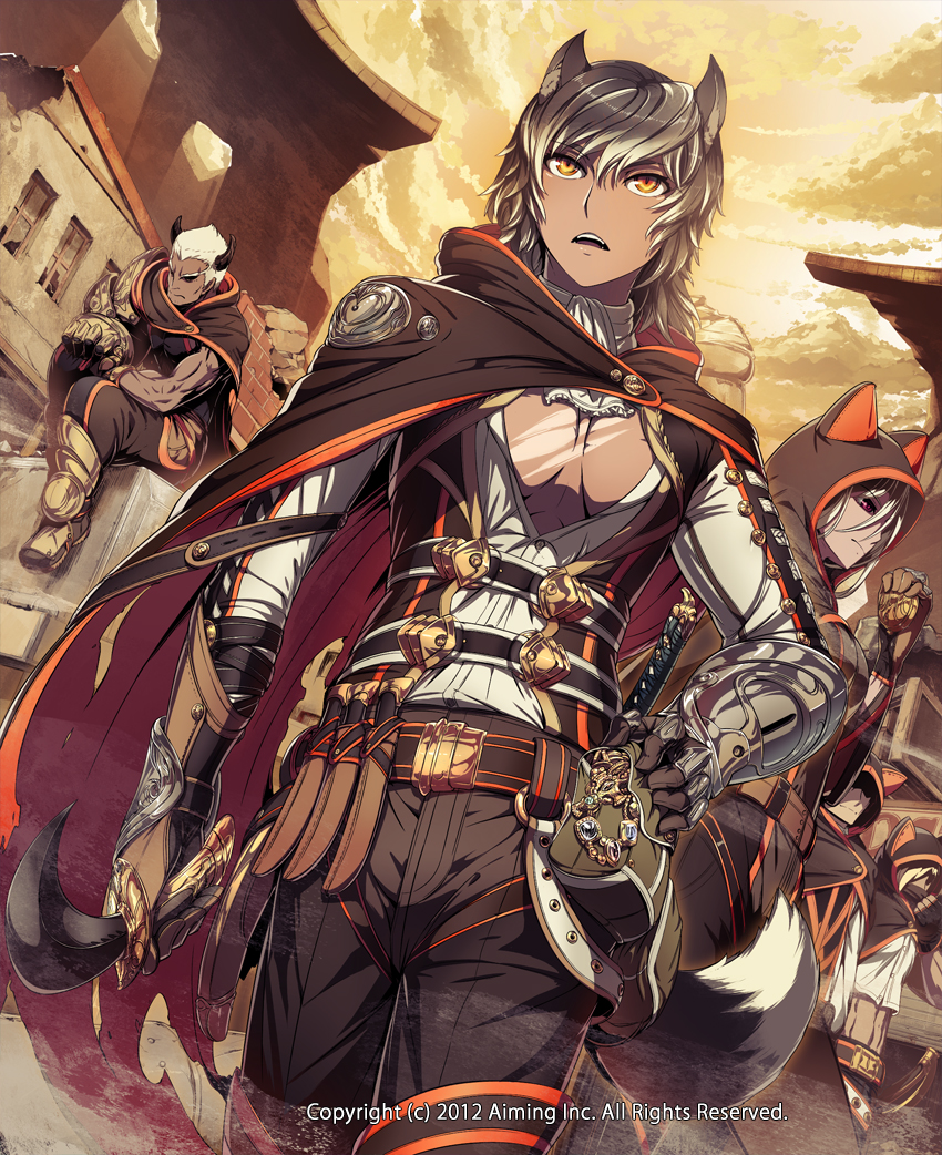 1girl 4boys animal_ears animal_hood armor belt breasts brown_footwear brown_gloves brown_sky cape cat_hood cleavage clouds dark_skin dated dog_ears faceless faceless_male gloves hand_on_hip hood horns knife kyousin lord_of_knights male_focus multiple_boys muscle official_art outdoors pouch ruins sheath sheathed sitting standing tail white_hair