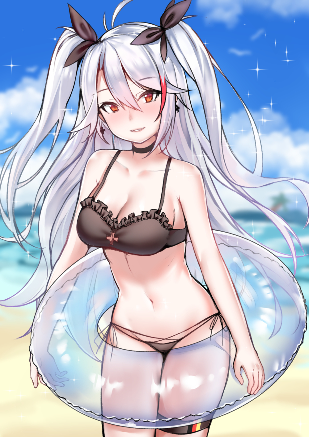 1girl azur_lane bikini black_bikini blue_sky breasts choker clouds cloudy_sky day earrings eyebrows_visible_through_hair german_flag hair_between_eyes highres innertube jewelry long_hair looking_at_viewer medium_breasts multicolored_hair navel outdoors parted_lips prinz_eugen_(azur_lane) red_eyes side-tie_bikini silver_hair sky smile solo streaked_hair sunege_(hp0715) swimsuit thigh_strap twintails