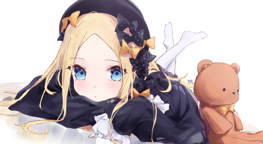 1girl abigail_williams_(fate/grand_order) artist_name bangs black_bow black_dress black_hat blue_eyes blush bow bowler_hat closed_mouth dress eyebrows_visible_through_hair fate/grand_order fate_(series) hair_bow hands_in_sleeves hat legs_up long_hair long_sleeves looking_at_viewer lying no_shoes on_stomach orange_bow pantyhose parted_bangs polka_dot polka_dot_bow solo stuffed_animal stuffed_toy teddy_bear tr_(hareru) very_long_hair white_background white_legwear