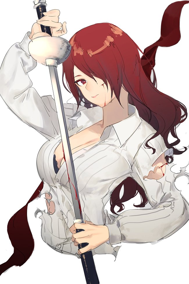 bleeding blood blood_on_face bra breasts cleavage cuts hair_over_one_eye injury kirijou_mitsuru looking_at_viewer open_clothes open_shirt persona persona_3 rapier red_eyes redhead sheath shirt solo sword torn_clothes underwear upper_body weapon