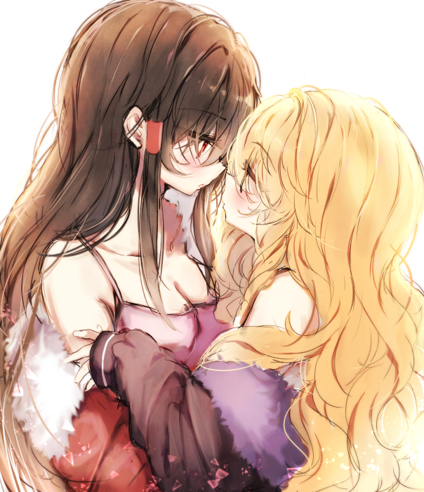 2girls bare_shoulders blonde_hair blush breasts brown_hair cleavage collarbone commentary_request from_side hair_tubes hakurei_reimu kirisame_marisa long_hair looking_at_another messy_hair multiple_girls no_hat no_headwear off_shoulder piyokichi red_eyes touhou yellow_eyes yuri