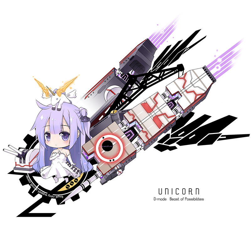 1girl ahoge azur_lane bangs bare_shoulders black_ribbon blush cannon character_name chibi closed_mouth commentary_request detached_wings dress elbow_gloves eyebrows_visible_through_hair gloves hair_between_eyes hair_bun hair_ribbon halterneck itotin looking_away no_shoes object_on_head one_side_up pantyhose purple_hair ribbon side_bun solo stuffed_animal stuffed_pegasus stuffed_toy stuffed_unicorn turret unicorn_(azur_lane) violet_eyes white_background white_dress white_gloves white_legwear wings