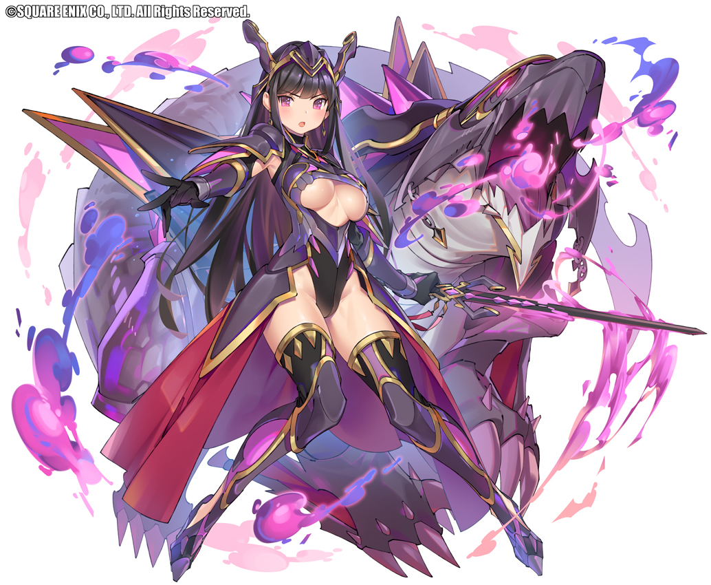 &gt;:o 1girl ankle_cutout armor armpit_cutout armpits black_gloves black_leotard boots breasts cleavage_cutout commentary_request dragon earrings full_body gloves highleg highleg_leotard holding holding_sword holding_weapon jewelry kai-ri-sei_million_arthur knees_together_feet_apart left-handed leotard long_hair looking_at_viewer open_mouth pop_kyun purple_hair red_skirt shiny shiny_hair shiny_skin shoulder_armor showgirl_skirt simple_background skin_tight skirt sword thigh-highs thigh_boots turtleneck under_boob violet_eyes watermark weapon white_background