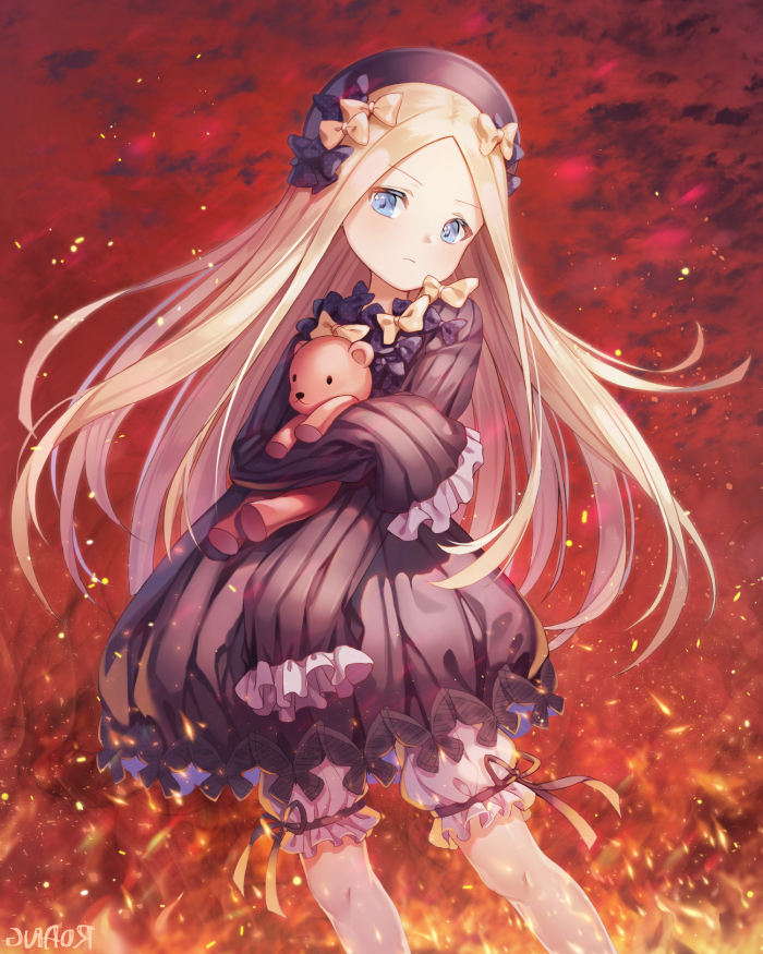 1girl abigail_williams_(fate/grand_order) artist_name bangs black_bow black_dress black_hat blonde_hair bloomers blue_eyes bow butterfly closed_mouth commentary_request dress embers eyebrows_visible_through_hair fate/grand_order fate_(series) fire hands_in_sleeves hat long_hair long_sleeves looking_at_viewer object_hug orange_bow parted_bangs polka_dot polka_dot_bow roang solo stuffed_animal stuffed_toy teddy_bear underwear very_long_hair white_bloomers