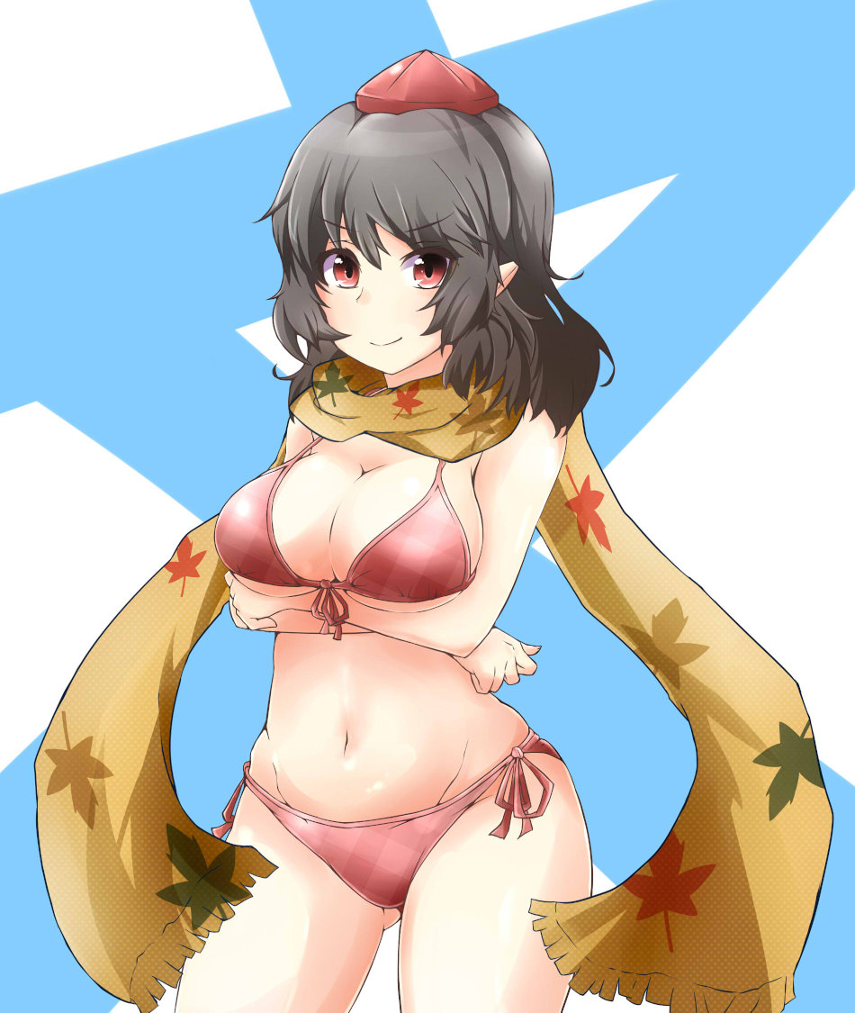 &gt;:) 1girl bikini black_hair breasts cowboy_shot crossed_arms eyebrows_visible_through_hair front-tie_bikini front-tie_top hat heka=ton large_breasts leaf_print navel pink_bikini plaid plaid_bikini pointy_ears red_eyes scarf shameimaru_aya short_hair side-tie_bikini solo strap_gap swimsuit tokin_hat touhou zanshomimai