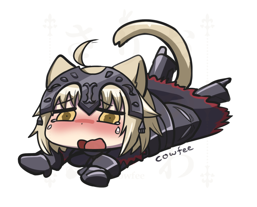 1girl ahoge animal_ears armor armored_dress bangs blonde_hair blush boots cat_ears cat_tail chibi crying crying_with_eyes_open d: dot_nose eyebrows_visible_through_hair fate/grand_order fate_(series) full-face_blush gauntlets greaves headpiece high_heel_boots high_heels jeanne_d'arc_(alter)_(fate) jeanne_d'arc_(fate)_(all) kaafi looking_at_viewer lying on_stomach open_mouth short_hair signature solo tail tears white_background yellow_eyes