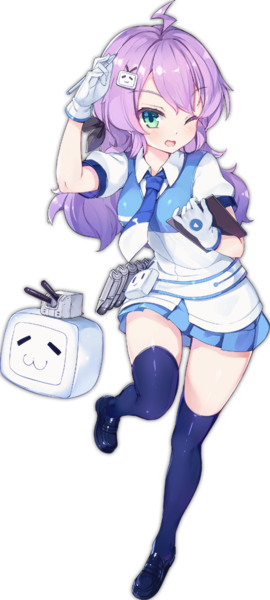 1girl ;d ahoge azur_lane bangs bili_girl_22 bili_girl_22_(cosplay) bilibili_douga blue_footwear blue_legwear blue_neckwear blue_skirt blush breasts collared_shirt cosplay dot_nose eyebrows eyebrows_visible_through_hair facing_away full_body gloves green_eyes hair_ornament holding holding_stylus javelin_(azur_lane) kaede_(003591163) legs_apart loafers long_hair looking_at_viewer medium_breasts miniskirt necktie official_art one_eye_closed open_mouth over-kneehighs pleated_skirt puffy_short_sleeves puffy_sleeves purple_hair shiny shiny_clothes shiny_hair shirt shoes short_sleeves simple_background skirt smile solo stylus tablet thigh-highs tongue transparent_background turret vest white_gloves white_shirt zettai_ryouiki