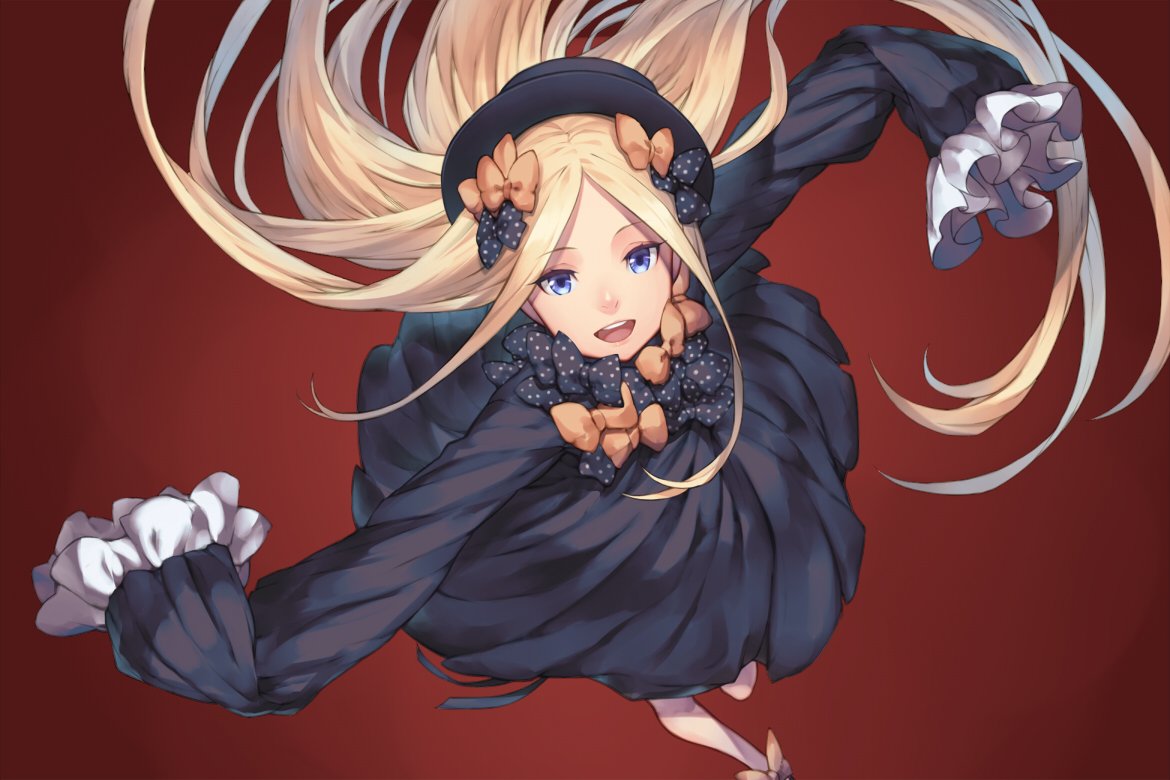1girl abigail_williams_(fate/grand_order) blonde_hair blue_eyes dress essual_(layer_world) fate/grand_order fate_(series) from_above hair_ribbon hat long_hair long_sleeves looking_at_viewer open_mouth red_background ribbon solo spinning