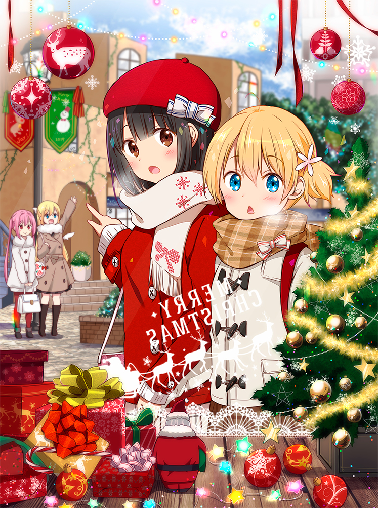 :&lt; :d :o amatsuka_poi arm_up bag bangs beret black_footwear black_hair blonde_hair blue_eyes blush boots box brown_coat brown_eyes brown_scarf brown_skirt building chijou_noko chikanoko christmas christmas_ornaments christmas_tree closed_mouth coat commentary_request eyebrows_visible_through_hair fingernails fur_collar gift gift_box hair_between_eyes handbag hat holding_bag jacket knee_boots long_hair merry_christmas mirror_writing open_mouth outdoors outstretched_arm pantyhose parted_lips pink_eyes pink_hair plaid plaid_scarf plaid_skirt pleated_skirt pointing print_scarf ragho_no_erika red_coat red_hat red_legwear scarf shoes short_twintails shoulder_bag skirt smile star star_in_eye triangle_mouth tsugou_makina twintails uchino_chika very_long_hair white_coat white_jacket white_scarf window winter_clothes winter_coat