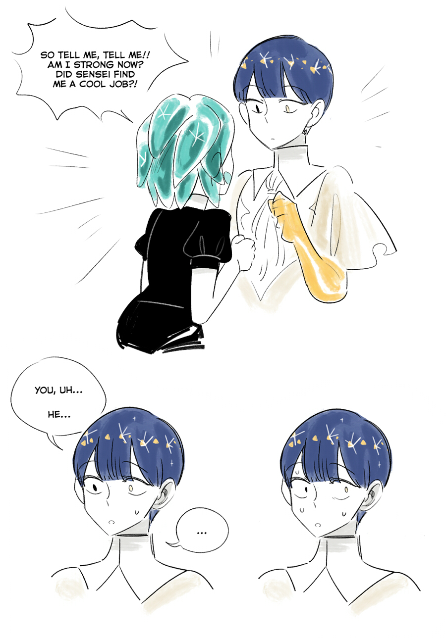 androgynous ange blue_hair crystal_hair dual_persona english gold green_hair heterochromia highres houseki_no_kuni lapis_lazuli_(houseki_no_kuni) phosphophyllite spoilers sweat time_paradox