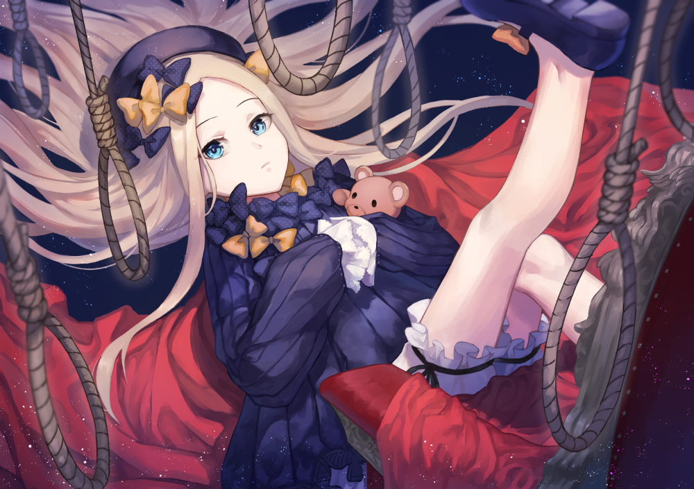 1girl abigail_williams_(fate/grand_order) black_bow black_dress black_footwear blonde_hair bloomers blue_eyes bow dress fate/grand_order fate_(series) frills full_body hair_bow hands_in_sleeves hat heri_(sniper579) leg_up long_hair long_sleeves looking_at_viewer lying mary_janes noose on_back orange_bow shoes solo stuffed_animal stuffed_toy teddy_bear too_many_bows underwear
