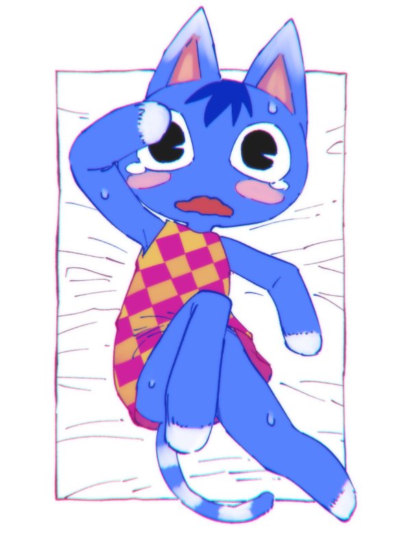 1girl black_eyes blue_hair blush_stickers bouquet_(doubutsu_no_mori) cat checkered_shirt doubutsu_no_mori kikai_(akita_morgue) looking_at_viewer no_humans on_bed shirt sweat