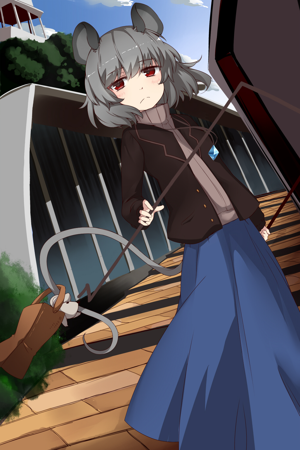 1girl alternate_costume animal_ears bag black_coat blue_skirt casual closed_mouth commentary_request contemporary day dowsing_rod dutch_angle frown grey_hair highres holding jewelry long_skirt looking_at_viewer mouse_ears mouse_tail nazrin outdoors pendant red_eyes revision short_hair skirt solo standing tail touhou winu_(hertrion)