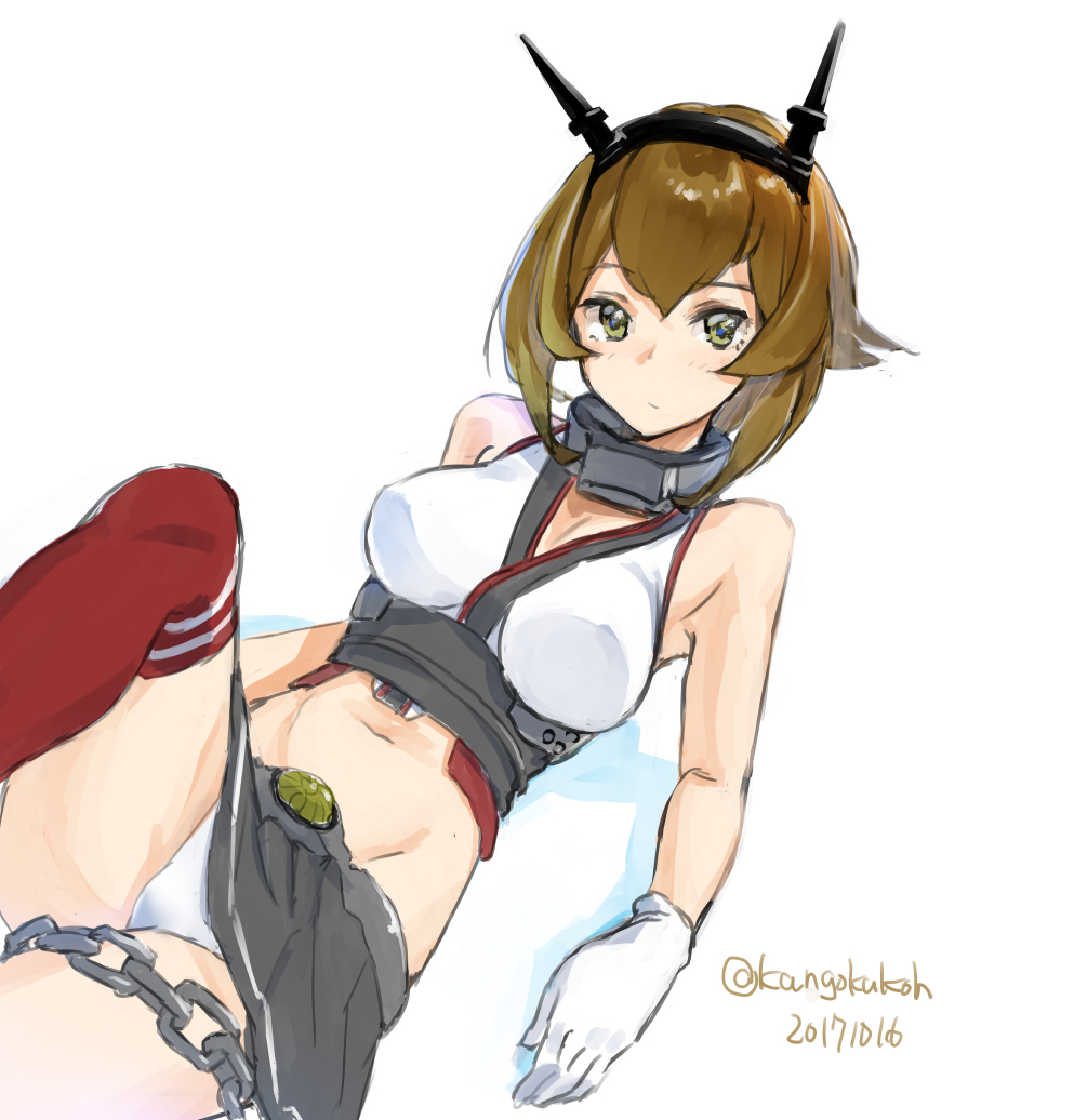 1girl arm_support bare_shoulders brown_hair chains dated gloves green_eyes grey_skirt hairband headgear kangoku_kou kantai_collection looking_at_viewer midriff miniskirt mutsu_(kantai_collection) panties pantyshot pleated_skirt red_legwear short_hair simple_background skirt solo thigh-highs twitter_username underwear white_background white_gloves white_panties