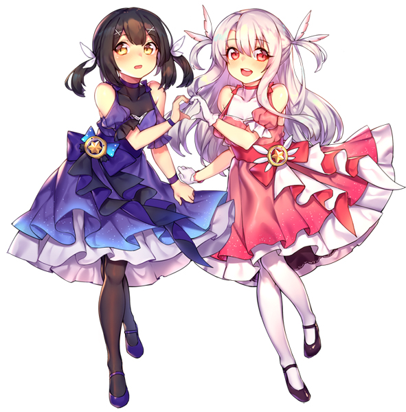 2girls :d ankle_lace-up bangs bare_shoulders black_footwear black_hair black_legwear brown_eyes cross-laced_footwear dress eyebrows_visible_through_hair fate/kaleid_liner_prisma_illya fate_(series) frilled_sleeves frills full_body gloves hair_between_eyes heart heart_hands heart_hands_duo high_heels illyasviel_von_einzbern long_hair looking_at_viewer miyu_edelfelt multiple_girls open_mouth pantyhose parted_lips pink_dress puffy_short_sleeves puffy_sleeves purple_dress purple_footwear red_eyes shennai_misha short_sleeves simple_background smile standing star two_side_up very_long_hair white_background white_gloves white_hair white_legwear wristband