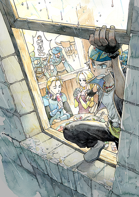 1girl 5boys alcohol armor bandanna blonde_hair celes_chere chair clenched_teeth cup drinking drinking_glass edgar_roni_figaro final_fantasy final_fantasy_vi fingerless_gloves food gloves jewelry lock_cole multiple_boys necklace pointing rain restaurant soldier table teeth turban water_drop window wine wine_glass