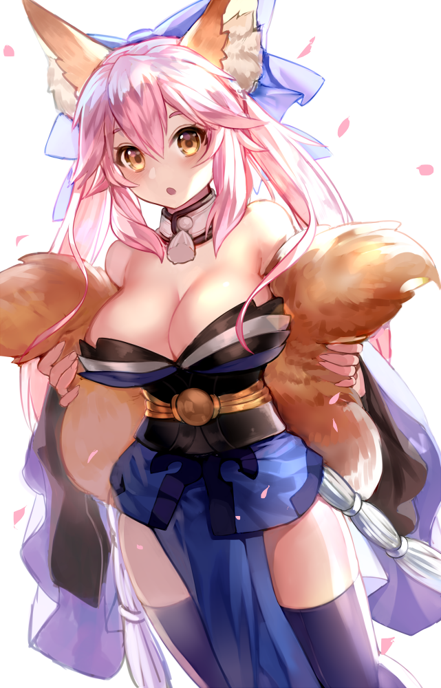 1girl animal_ears bare_shoulders blue_legwear blush breasts cherry_blossoms cowboy_shot fate/extra fate/extra_ccc fate/grand_order fate_(series) fox_ears fox_tail gendo0032 hair_ribbon holding_own_tail large_breasts looking_at_viewer multiple_tails open_mouth petals pink_hair ribbon simple_background sleeveless solo tail tamamo_(fate)_(all) tamamo_no_mae_(fate) white_background yellow_eyes