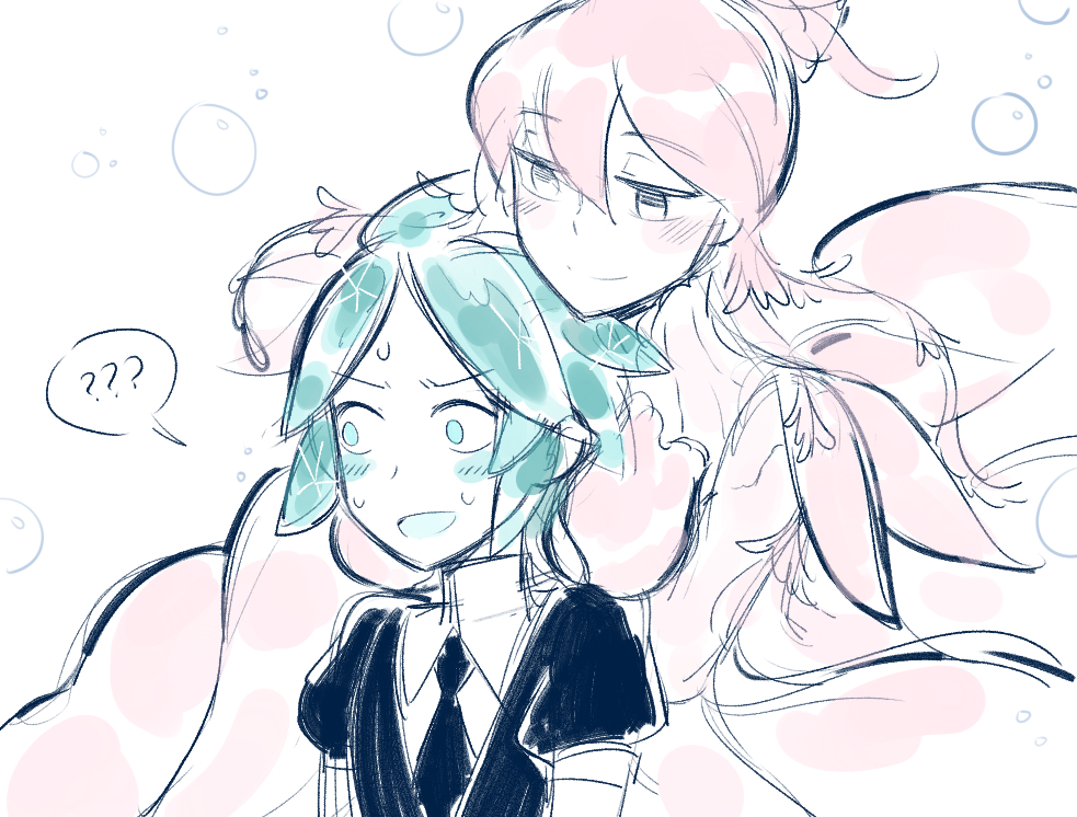 1girl ? ?? androgynous ange black_clothes breast_rest breasts breasts_on_head bubble green_eyes green_hair houseki_no_kuni necktie phosphophyllite spoken_question_mark sweat ventricosus