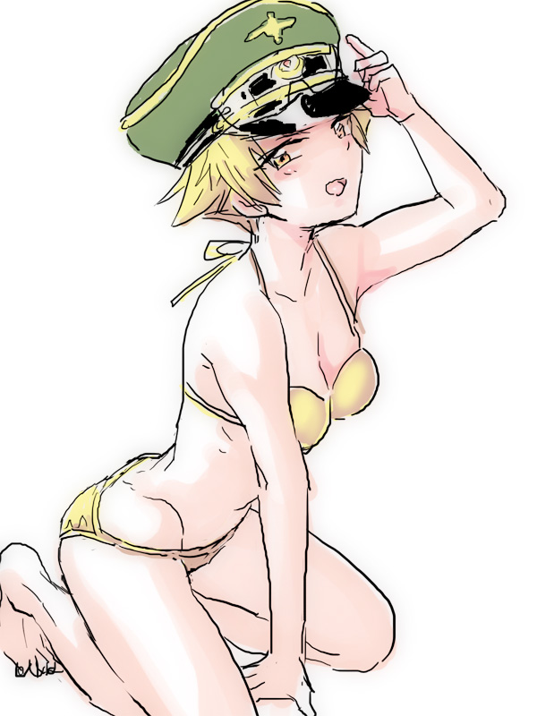 1girl adjusting_clothes adjusting_hat arm_support bikini blonde_hair breasts erwin_(girls_und_panzer) girls_und_panzer goggles goggles_on_headwear green_hat hat kneeling light_smile looking_at_viewer medium_breasts military_hat open_mouth peaked_cap pointy_hair rinoko short_hair simple_background sketch solo swimsuit white_background yellow_bikini yellow_eyes