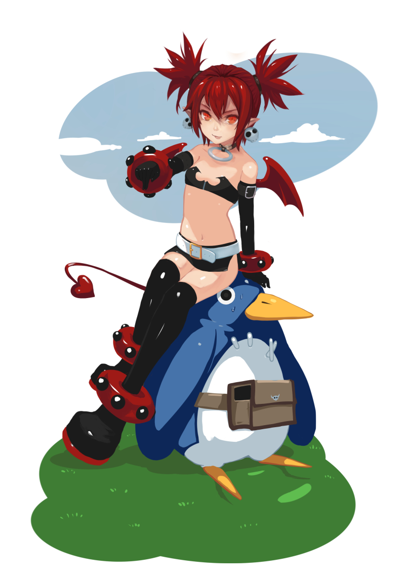 1girl bare_shoulders black_gloves breasts choker demon_girl demon_tail disgaea earrings etna flat_chest gloves jewelry long_hair looking_at_viewer makai_senki_disgaea navel nopae pointing pointing_down pointy_ears prinny red_eyes redhead simple_background sitting sitting_on_person skirt tail thigh-highs twintails very_long_hair wings