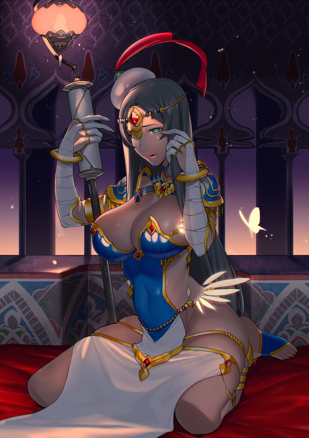 1girl anklet aqua_eyes armor bandage bandaged_arm black_hair bracelet breasts butterfly circlet cleavage covered_navel curvy dark_skin fate/grand_order fate_(series) forehead_jewel full_body gem gold highres indoors jewelry lamp large_breasts long_hair looking_at_viewer parted_lips pink_lips ring scheherazade_(fate/grand_order) seiza shoulder_armor sitting skindentation sokuse_kienta solo veil very_long_hair