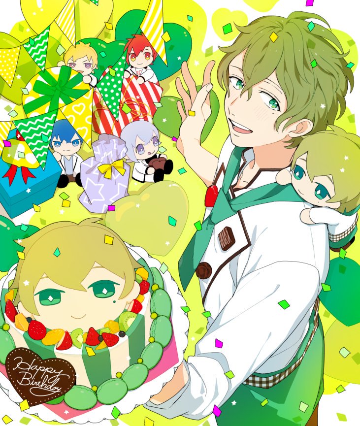 1boy alternate_costume amamiya_kanade cake character_doll chef_uniform confetti dorifesu! double-breasted food green_eyes green_hair heart holding katagiri_itsuki male_focus oikawa_shin open_mouth pastry sasaki_junya sawamura_chizuru smile string_of_flags