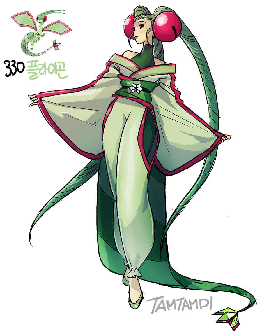 1girl artist_name flygon full_body green_footwear green_hair japanese_clothes kimono long_hair personification pokemon pokemon_(game) standing tamtamdi twintails very_long_hair