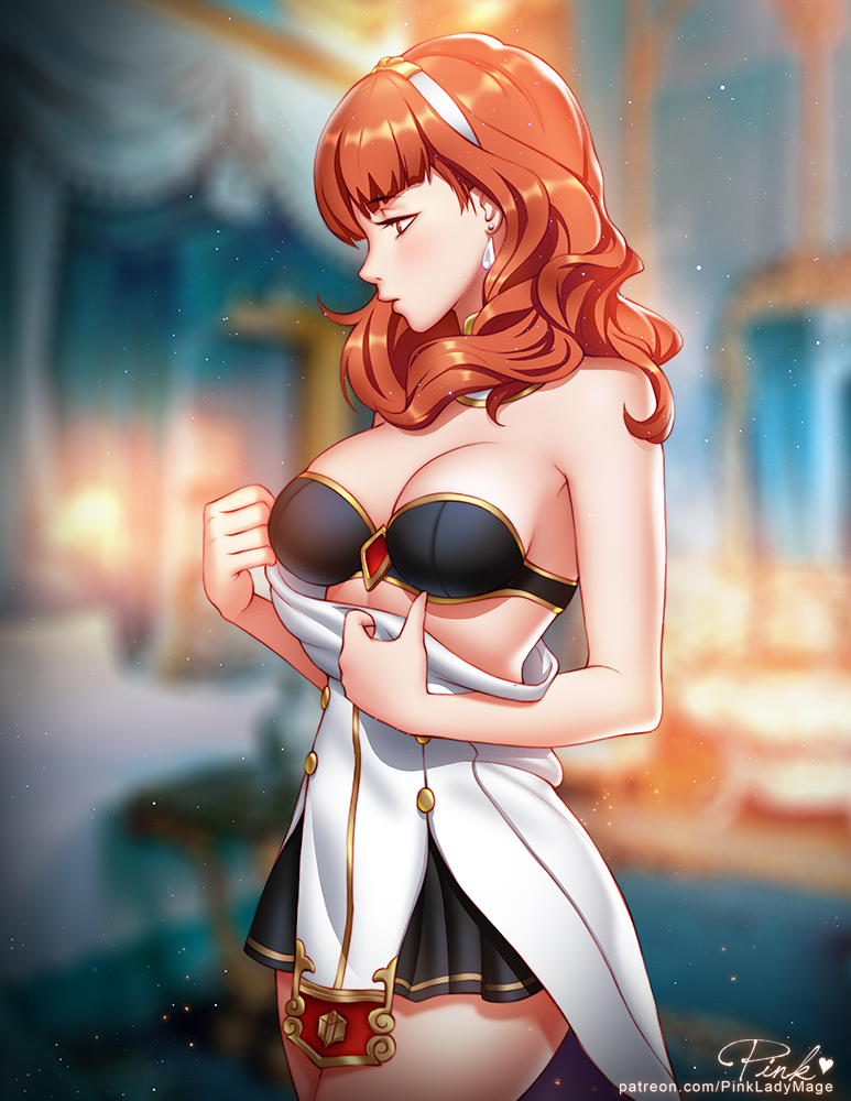 1girl artist_name backlighting bare_shoulders bedroom black_bra blurry blurry_background blush bra breasts celica_(fire_emblem) cleavage closed_mouth cowboy_shot detached_collar dress dress_pull earrings fire_emblem fire_emblem_echoes:_mou_hitori_no_eiyuuou hairband indoors jewelry light_particles long_hair looking_away medium_breasts off_shoulder pink_lady_mage profile pulled_by_self red_eyes redhead short_dress solo standing strapless strapless_bra underwear undressing white_dress white_hairband