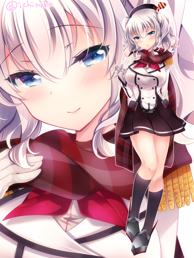 1girl beret black_legwear black_skirt blue_eyes blush epaulettes full_body gloves grey_shirt hair_between_eyes hat ichiyou_moka jacket kantai_collection kashima_(kantai_collection) kerchief kneehighs long_sleeves multiple_views plaid plaid_scarf pleated_skirt scarf shirt short_hair silver_hair skirt smile twitter_username two_side_up white_gloves white_jacket