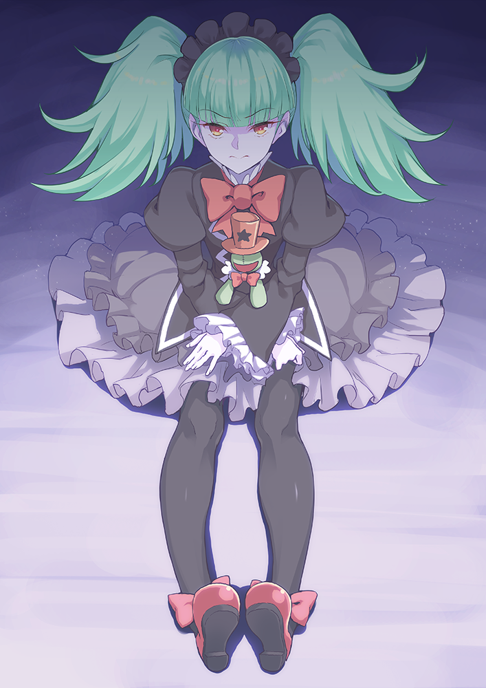 1girl biburi_(precure) black_blouse black_hairband black_legwear blouse blue_background bouzu_(bonze) bow closed_mouth doll frilled_hairband frills full_body green_hair grey_skirt hairband juliet_sleeves kirakira_precure_a_la_mode long_hair long_sleeves looking_at_viewer mary_janes pantyhose precure puffy_sleeves red_bow red_footwear shoes sitting skirt solo twintails yellow_eyes