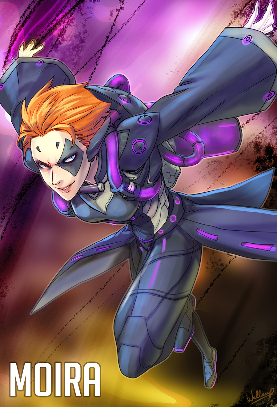 1girl blue_eyes bodysuit breasts character_name coattails constricted_pupils facepaint highres lips medium_breasts moira_(overwatch) orange_hair outstretched_arms running short_hair solo wallace_pires wide_sleeves