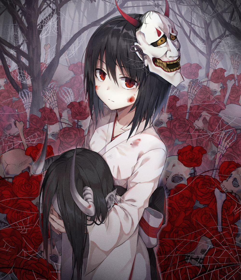 1girl bare_tree black_hair blood blood_on_face bloody_clothes bone disembodied_head expressionless eyebrows_visible_through_hair flower fog holding_head horns huwali_(dnwls3010) japanese_clothes kimono long_sleeves looking_at_viewer mask mask_on_head original pointy_ears red_eyes red_rose rose short_hair silk skeleton skull solo spider_web tree upper_body white_kimono